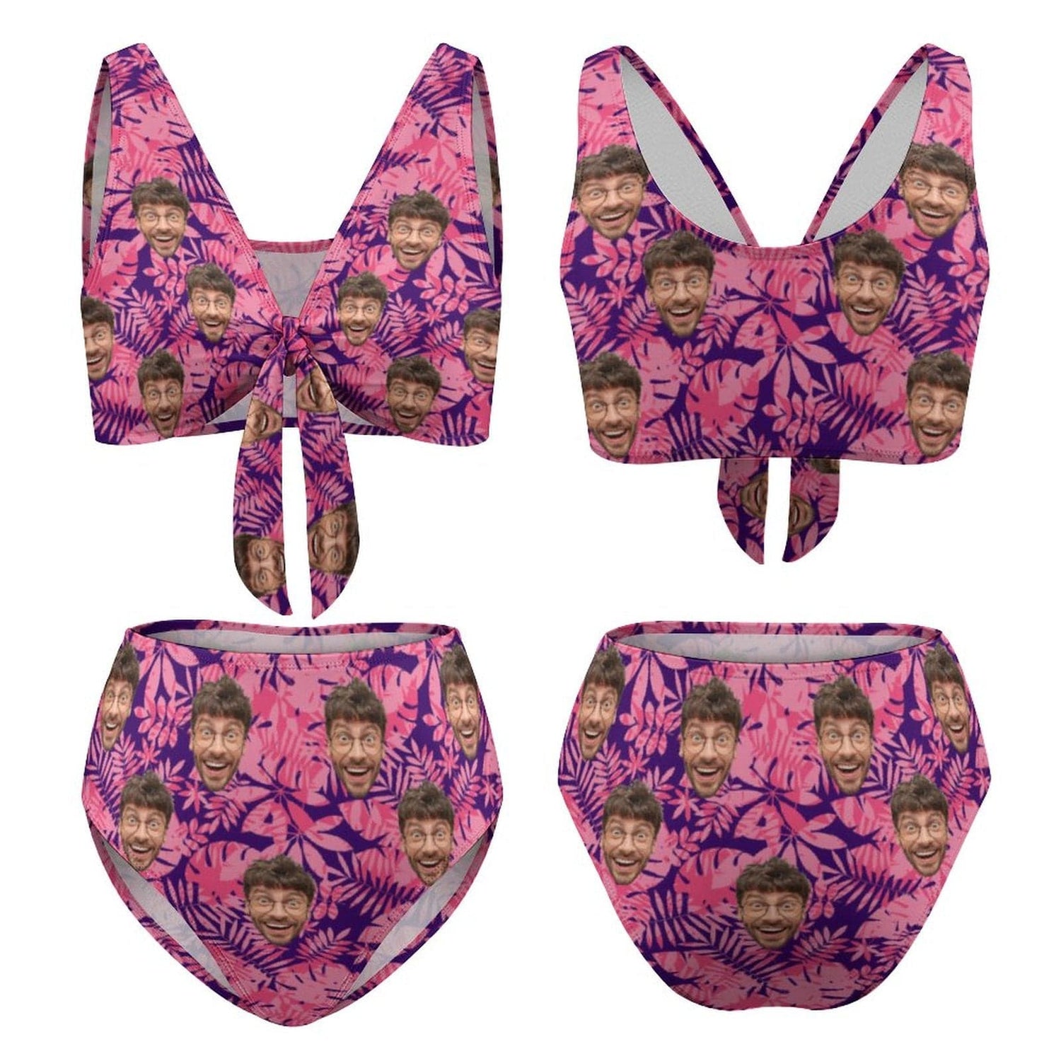 Custom Pink Leaves Face High Waist Long Strap Bikini Personalized Two Piece Swimsuit Bathing Suit