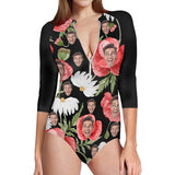 Custom Face Half Sleeve One Piece Swimsuit Personalized Red Flower Face Black Half Sleeve Bikini