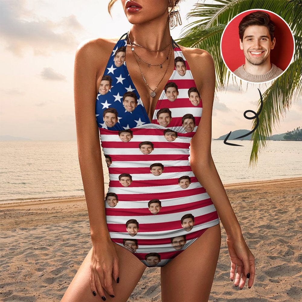 Custom American Flag Tankini Top Set Personalized Two Piece Bikini Summer Beach Pool Swimsuit