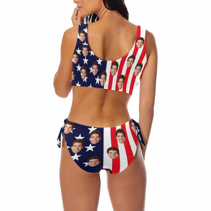 Custom American Flag Face Chest Strap  Low Waisted Bikini Personalized Two Piece Swimsuit