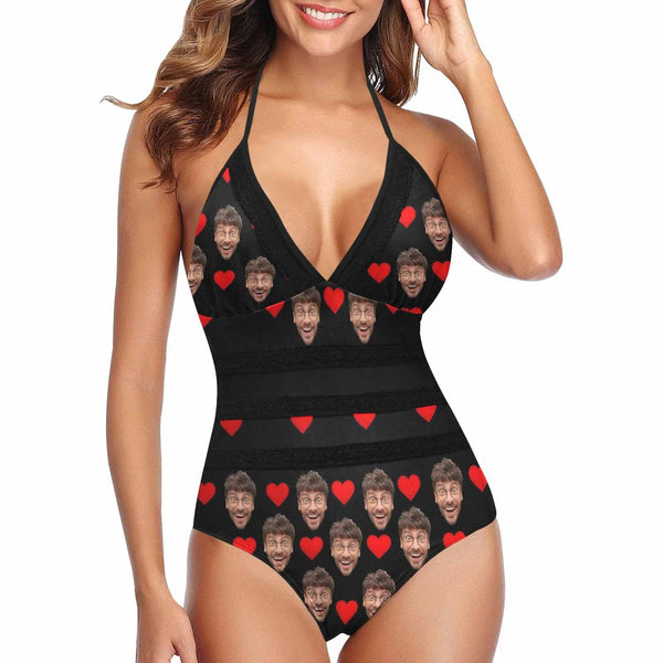 Custom Red Heart Black Face Lace Sling One Piece Swimsuit Personalized Beach Pool Outfit Honeymoons Party
