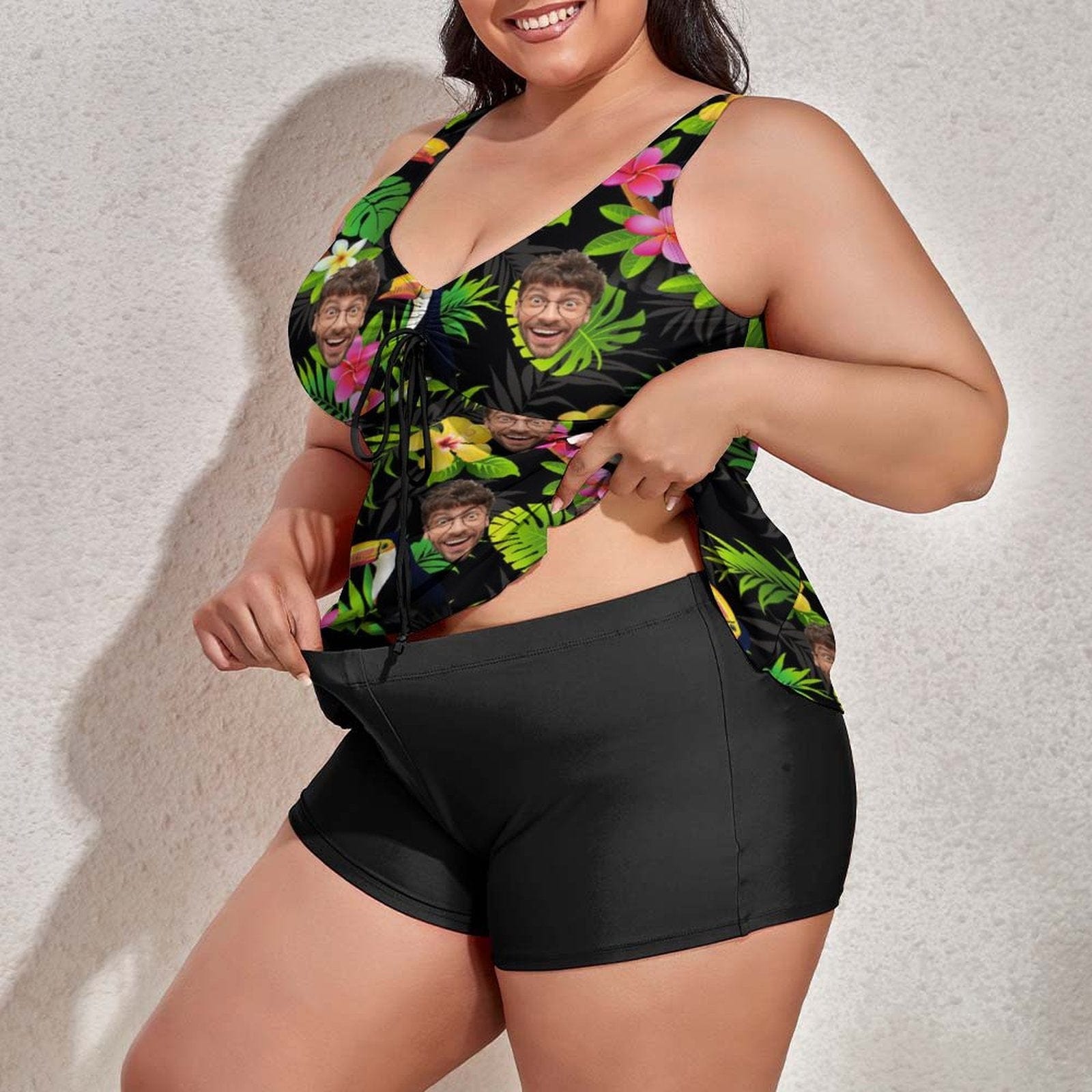 Plus Size Custom Dark Green Flower Face Tankini Bathing Suit Personalized Two Piece Swimsuit