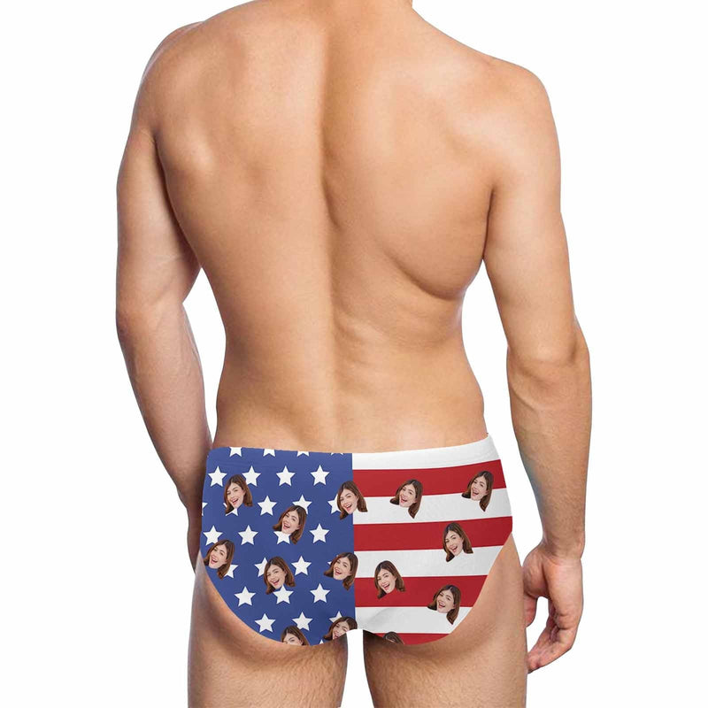 Custom Face American Flag Triangle Swim Briefs Personalized Swim Trunks