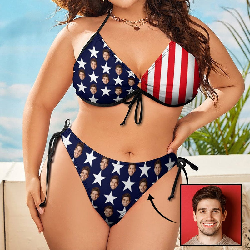 Plus Size Custom American Flag Face Halter Strings Triangle Bikini Personalized Two Piece Swimsuit