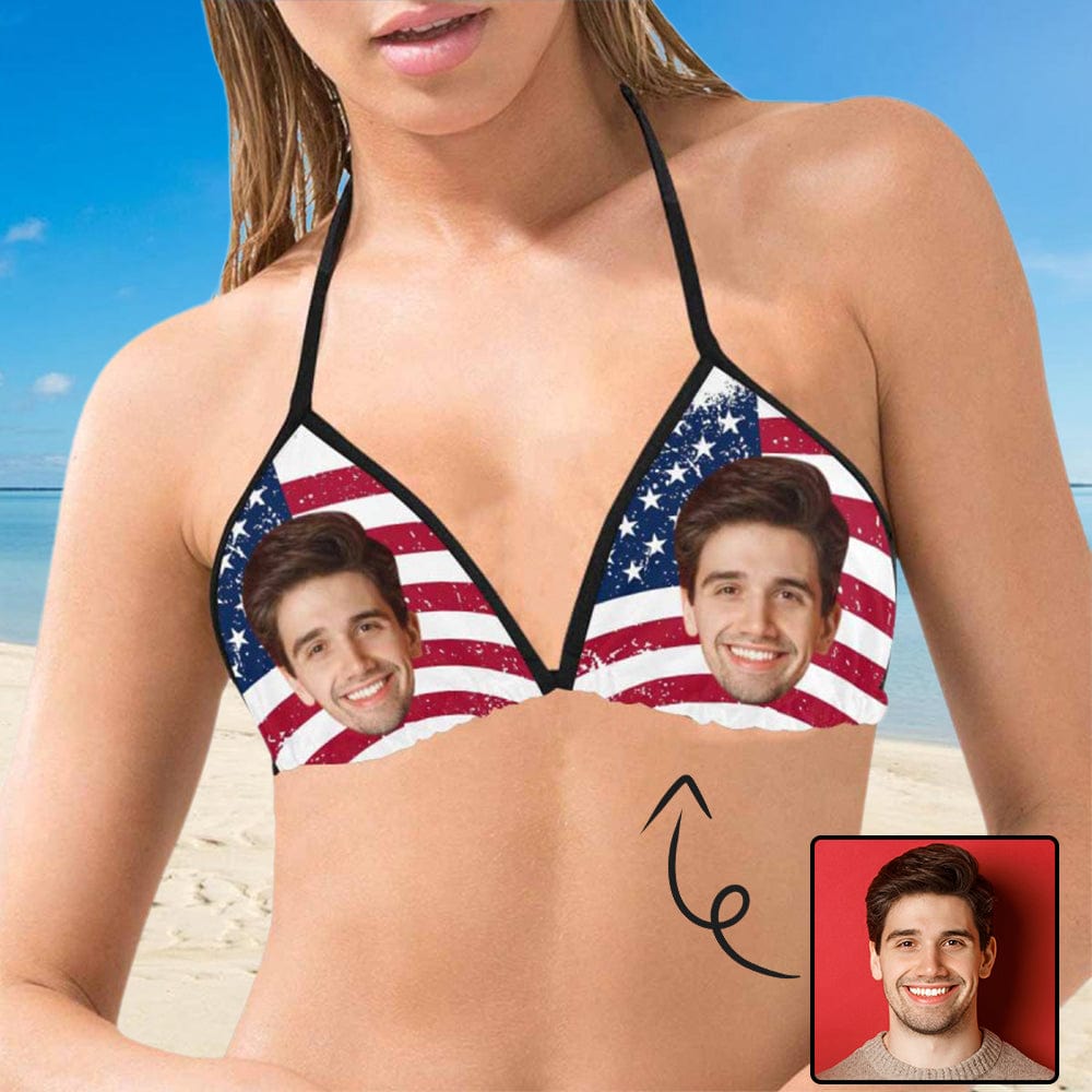 Custom American Flag Face Personalized Triangle Bikini Swimsuit Top