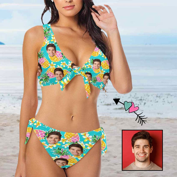 Custom Pineapple Face Low Waisted Strap Bikini Personalized Two Piece Swimsuit Bathing Suit