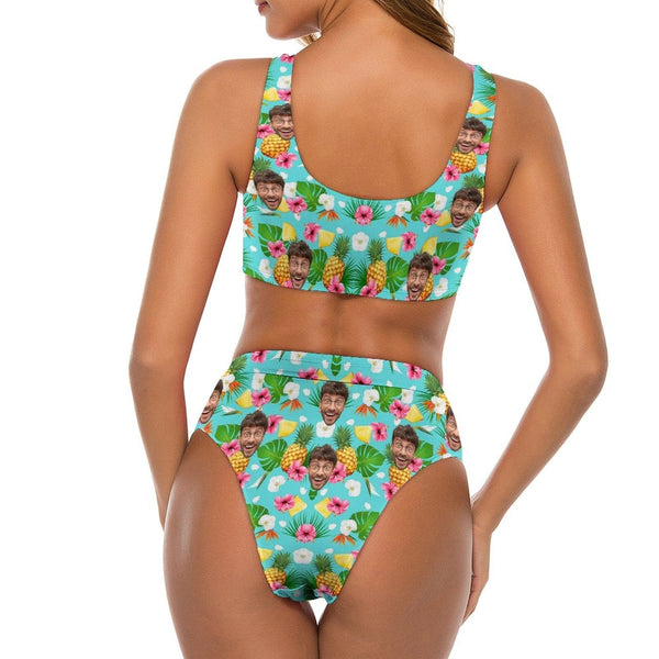 Custom Pineapple&Leaves Face Strap High Waist Bikini Personalized Two Piece Swimsuit Bathing Suit