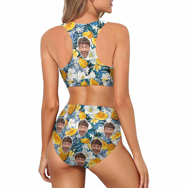 Custom Flower Pineapple Face High Cut Crew Neck Sports Bikini Personalized Two Piece Swimwear Beach Pool Outfit