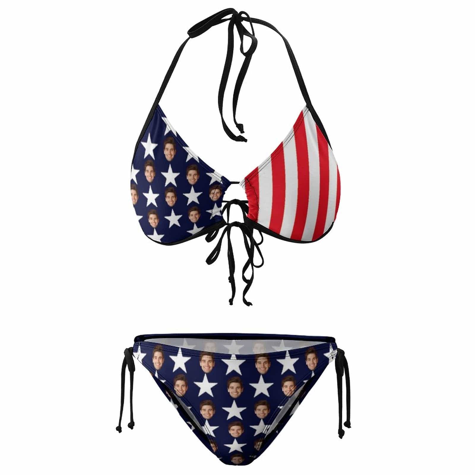 Plus Size Custom American Flag Face Halter Strings Triangle Bikini Personalized Two Piece Swimsuit