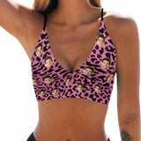 Custom Pink Leopard Face Deep V Neck Personalized Bikini Swimsuit Top