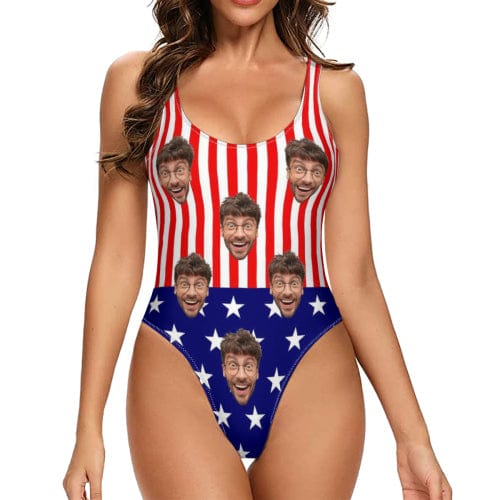 Custom American Flag Husband Face One Piece Swimsuit Personalized Tank Top Bathing Suit Holiday Party