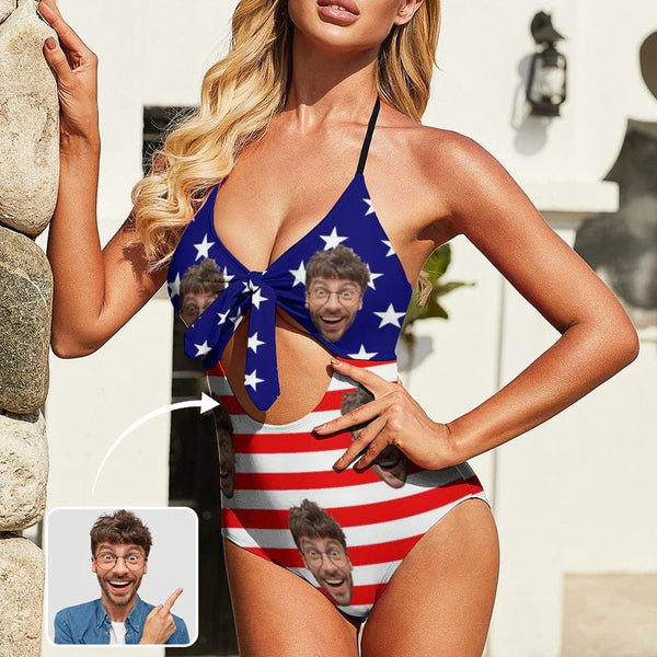 Custom American Flag Face Backless Bow One Piece Swimsuit Personalized Beach Pool Outfit