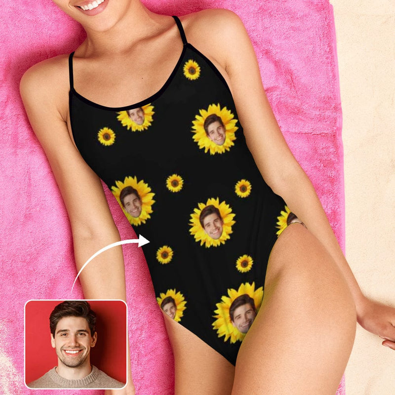 Custom Sunflower Face Sling One Piece Swimsuit Personalized Summer Beach Pool Outfit