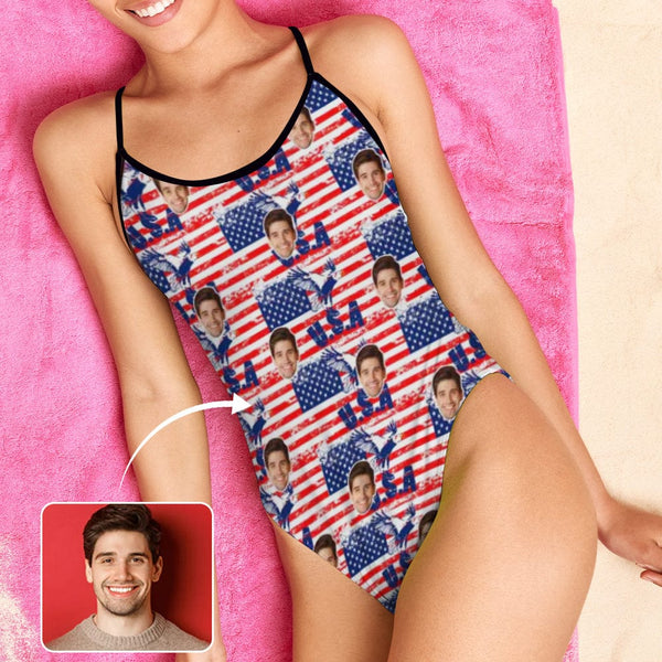 Custom American Flag Eagle Sling One Piece Swimsuit Personalized Summer Beach Pool Outfit