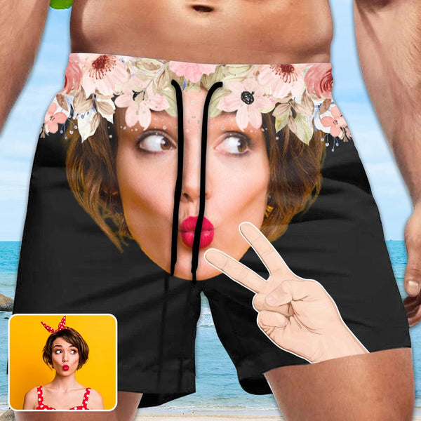 Custom Flower Face Drawstring Swim Shorts Personalized Gift for Him