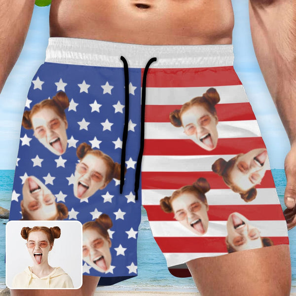 Custom American Flag Face Drawstring Swim Shorts Personalized Gift for Him