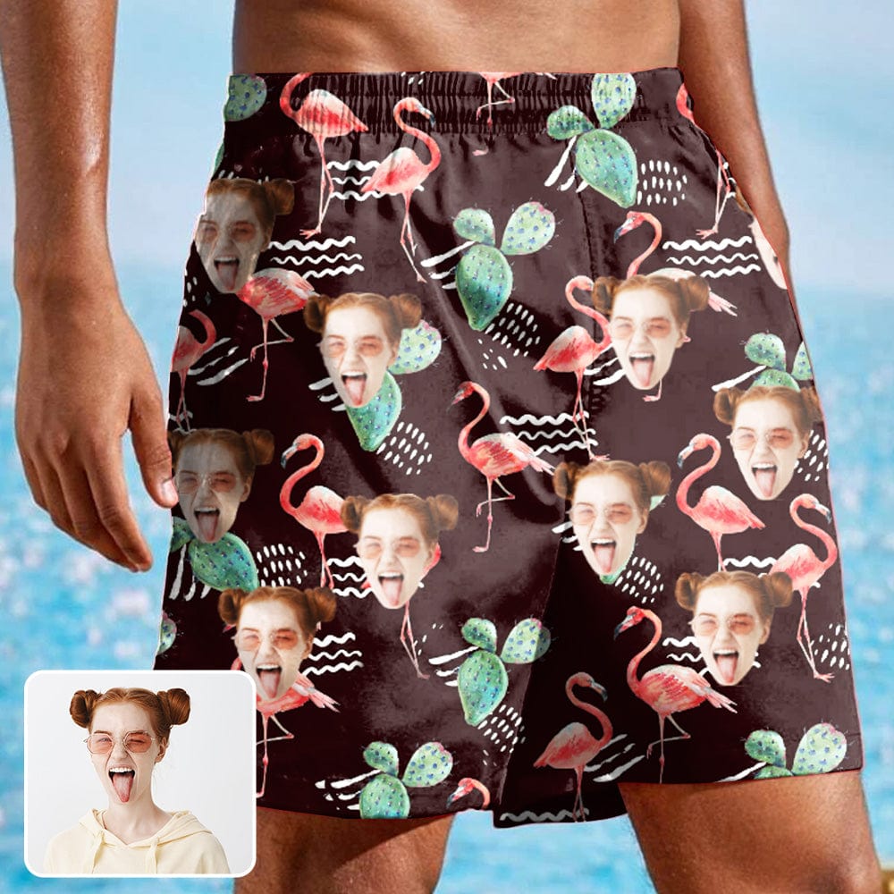 Custom Flamingo Face Quick Dry Swim Trunks Personalized Gift for Him