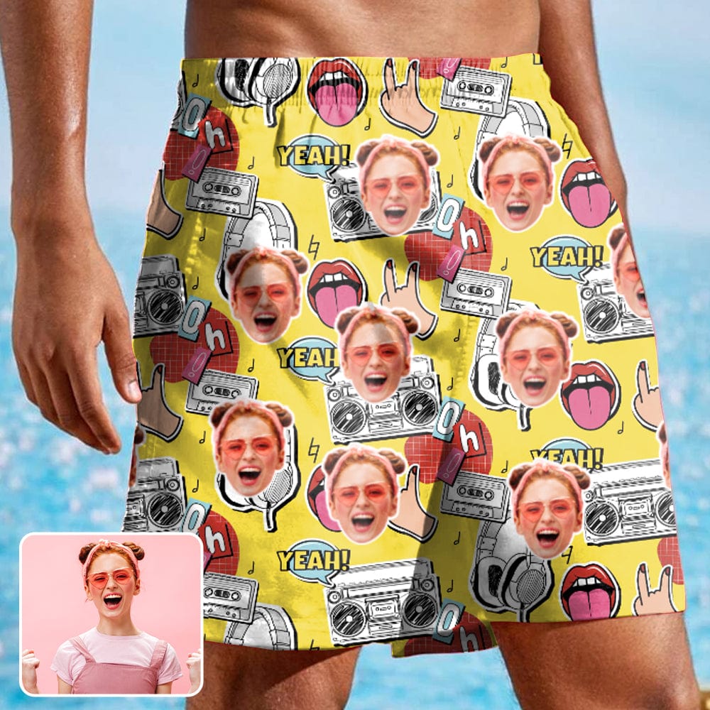 Custom Music&amp;Mouth Face Quick Dry Swim Trunks Personalized Gift for Him