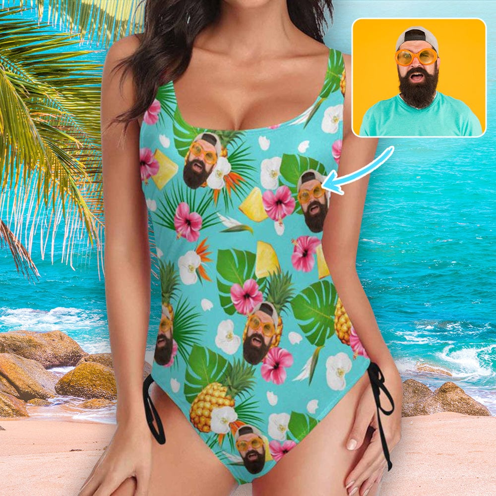 Custom Pineapple&amp;Leaves Face Drawstring Side Tank Top Swimsuit Personalized One Piece Bathing Suit