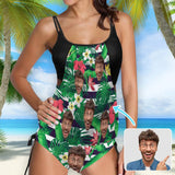 Custom Dark Green Flowers Face Two Piece Tankini Personalized Swimsuit Bathing Suit