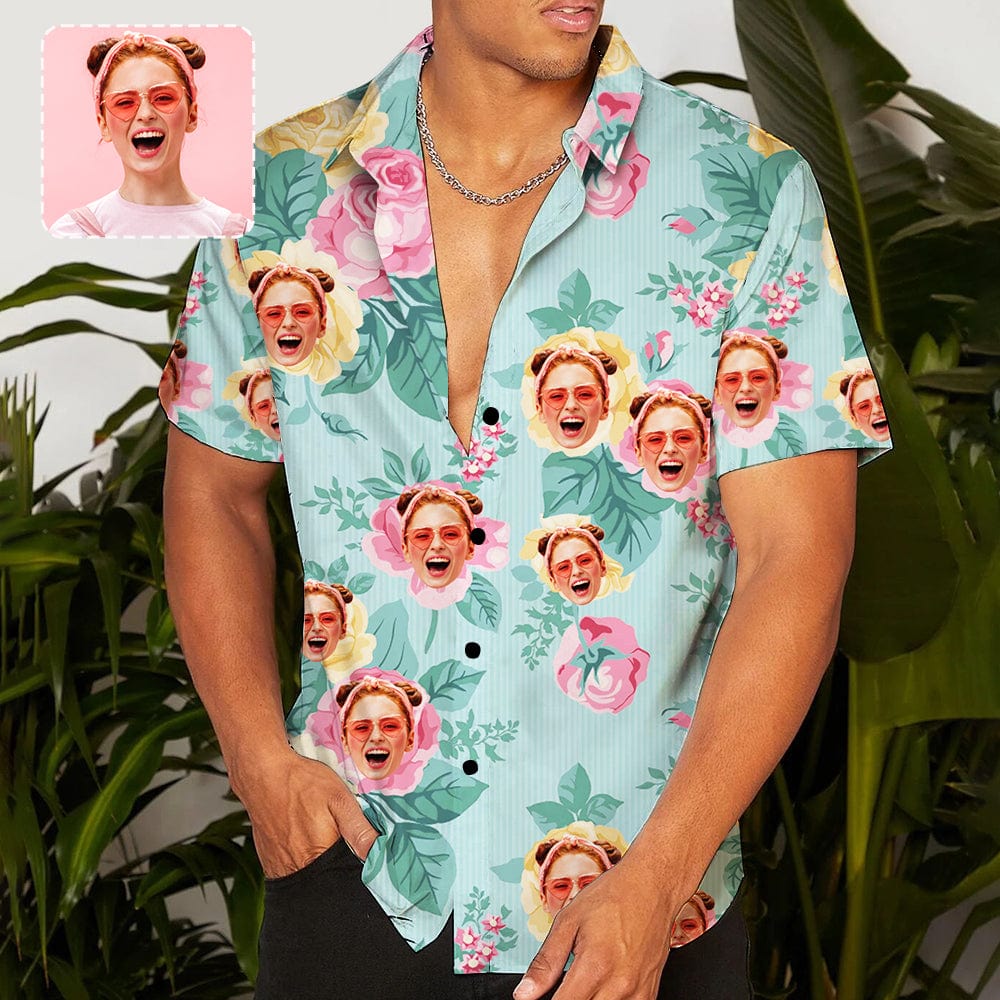 Custom Face Light Blue Flowers Hawaiian Shirt Personalized Beachwear