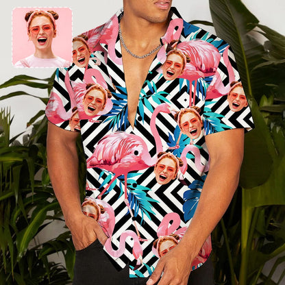 Custom Face Flamingo Stripes Hawaiian Shirt Personalized Beachwear