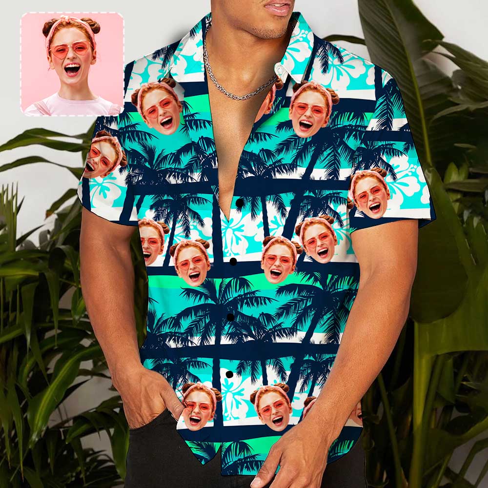 Custom Face Blue&amp;Green Trees Hawaiian Shirt Personalized Beachwear