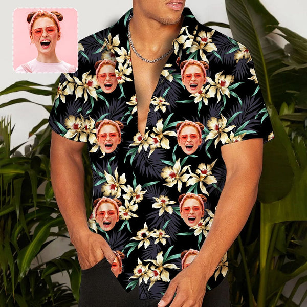 Custom Face White Flowers Hawaiian Shirt Personalized Beachwear