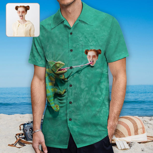 Custom Face Chameleon Hawaiian Shirt With Chest Pocket Personalized Aloha Shirt