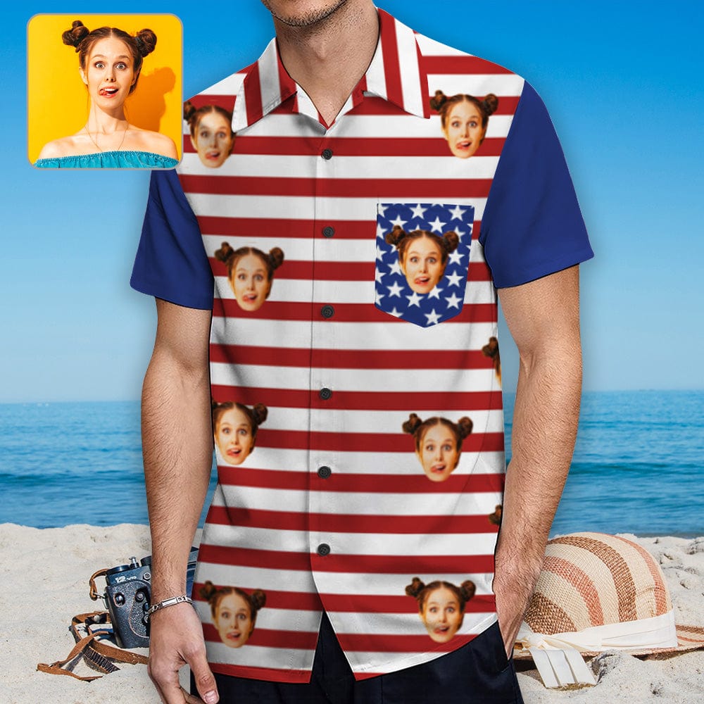 Custom Face American Flag Hawaiian Shirt With Chest Pocket Personalized Aloha Shirt