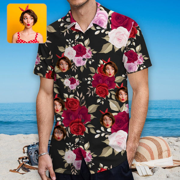 Custom Face Roses Hawaiian Shirt With Chest Pocket Personalized Aloha Shirt