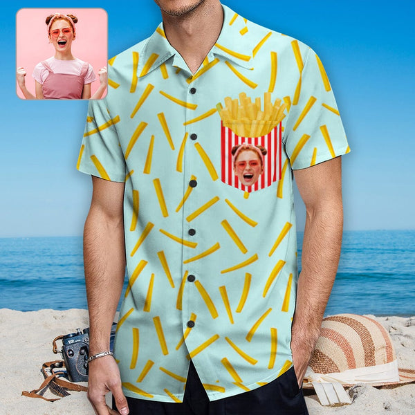 Custom Face French Fries Hawaiian Shirt With Chest Pocket Personalized Aloha Shirt