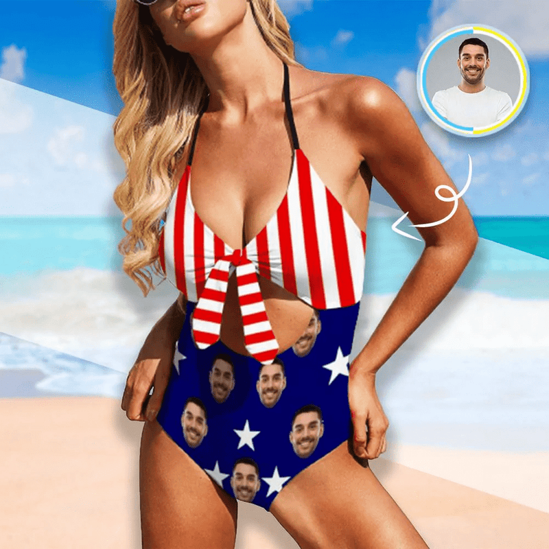 Hot American Flag Swimsuit #Best-Seller Couple Matching Swimwear 4th of July Cruise Outfits-Custom Face American Flag Swimsuit, Personalized New Drawstring Side Bathing Suit