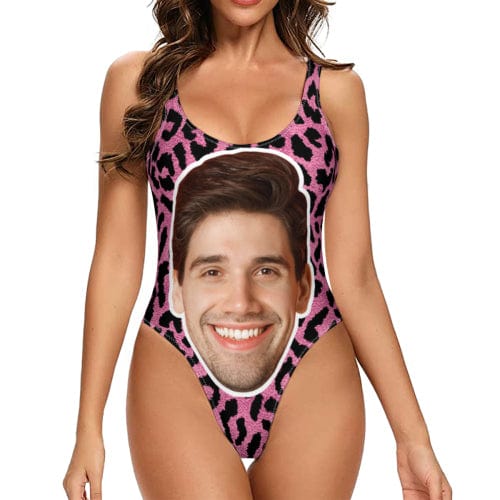 Custom Pink Leopard Face Tank Top Swimsuit Personalized One Piece Bathing Suit