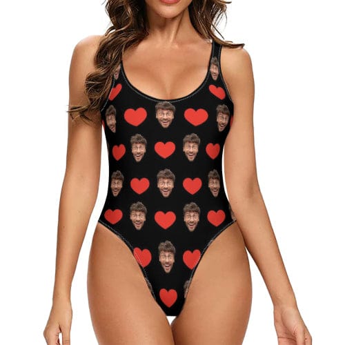 Custom Heart Face Black One Piece Swimsuit Personalized Tank Top Bathing Suit Holiday Party