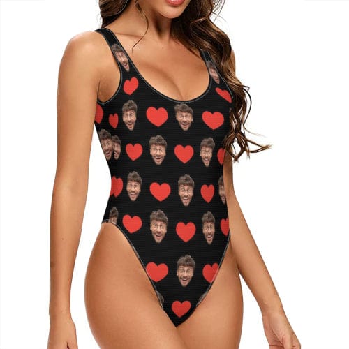 Custom Heart Face Black One Piece Swimsuit Personalized Tank Top Bathing Suit Holiday Party