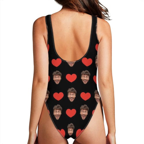 Custom Heart Face Black One Piece Swimsuit Personalized Tank Top Bathing Suit Holiday Party