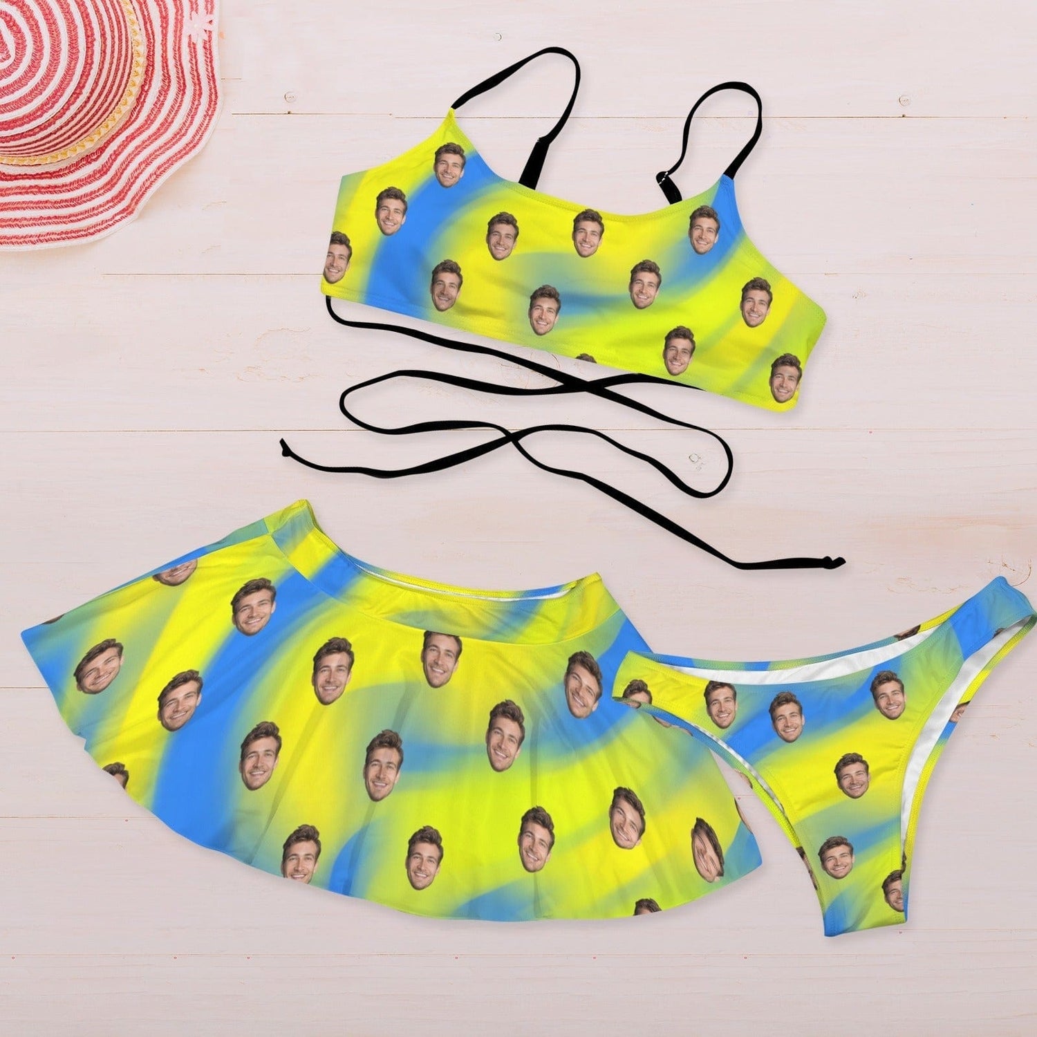 Personalized Face Swimsuit Custom Blue&amp;Yellow Background Women&