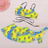 Personalized Face Swimsuit Custom Blue&Yellow Background Women's String Three-Piece Bikini Swimsuit Skirt