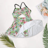 Personalized Face Swimsuit Dress Custom Face Green Leaves&Pink Flower Women's Cutout Cross Back Swimming Dress