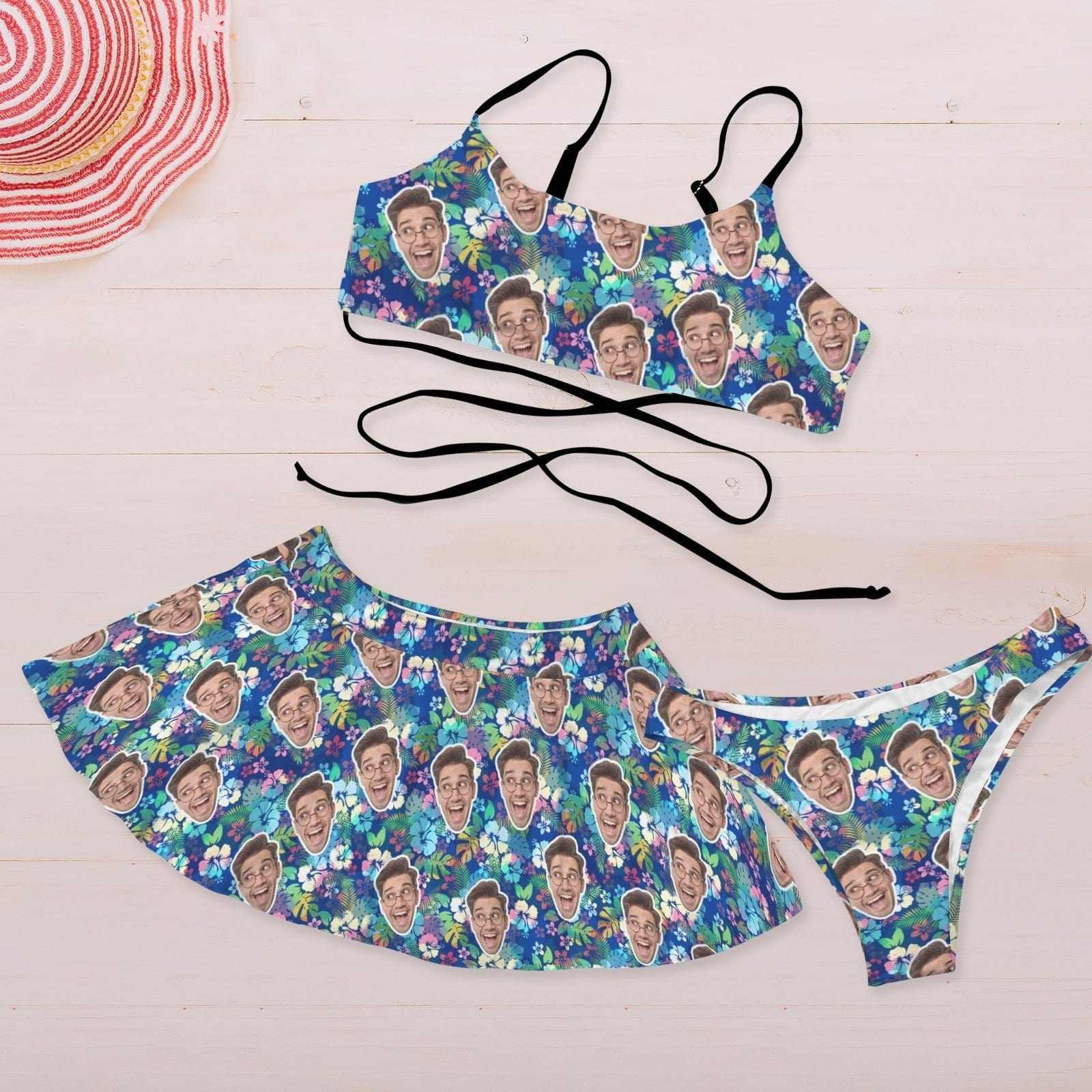 Personalized Face Swimsuit Custom Face Blue Background Green Flowers Women&