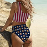 Hot American Flag Swimsuit #Best-Seller Couple Matching Swimwear 4th of July Cruise Outfits-Custom Face American Flag Swimsuit, Personalized New Drawstring Side Bathing Suit