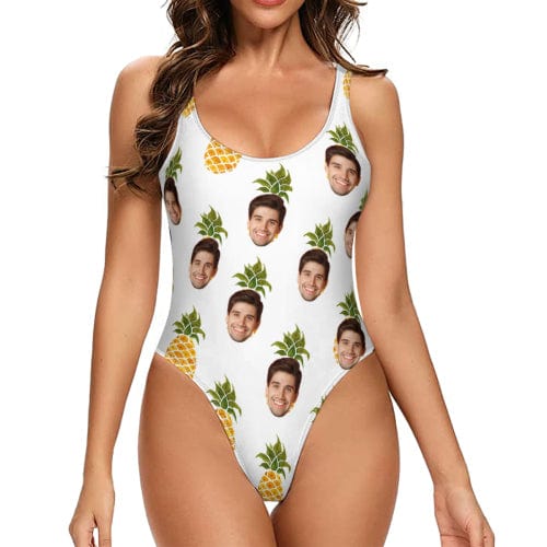 Custom White Pineapple Face Tank Top Swimsuit Personalized One Piece Bathing Suit