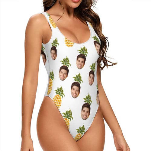 Custom White Pineapple Face Tank Top Swimsuit Personalized One Piece Bathing Suit