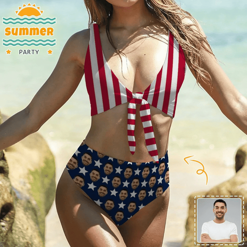 Hot American Flag Swimsuit #Best-Seller Couple Matching Swimwear 4th of July Cruise Outfits-Custom Face American Flag Swimsuit, Personalized New Drawstring Side Bathing Suit