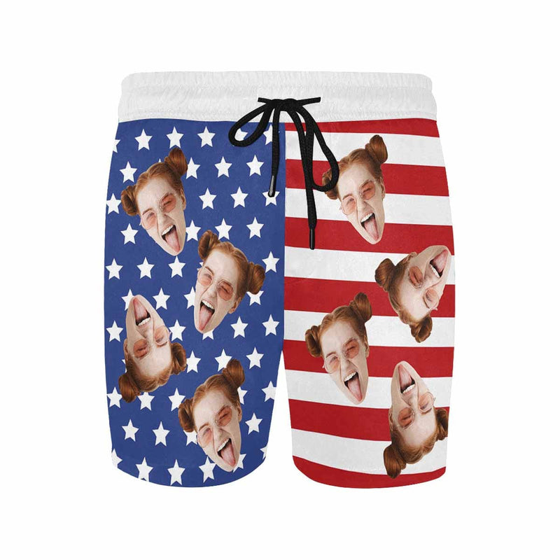 Custom American Flag Face Drawstring Swim Shorts Personalized Gift for Him