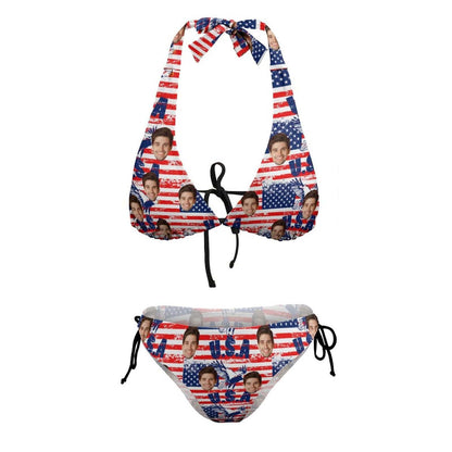 Plus Size Custom American Flag Face Halter Triangle Bikini Personalized High Waisted Bikini Swimsuit Two Piece Summer Beach Pool Outfits