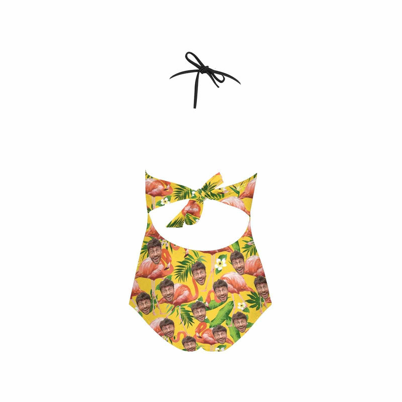 Plus Size Custom Yellow Flamingo Face Sling One Piece Swimsuit Personalized Beach Pool Outfit Honeymoons Party