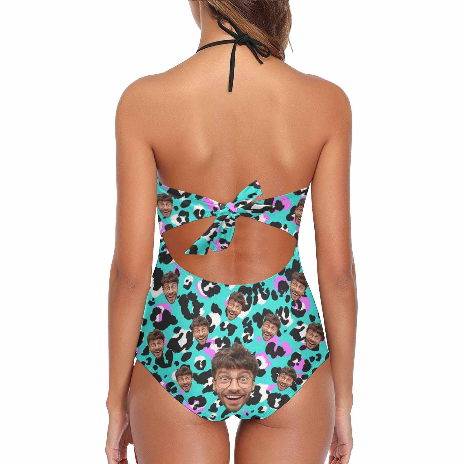 Custom Blue Leopard Face Lace Sling One Piece Swimsuit Personalized Beach Pool Outfit Honeymoons Party