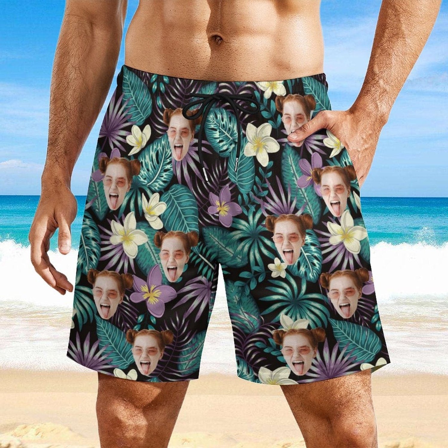 Custom Face Dark Leaves 2 in 1 Quick-Dry Swim Shorts with Pocket Personalized Swim Trunks